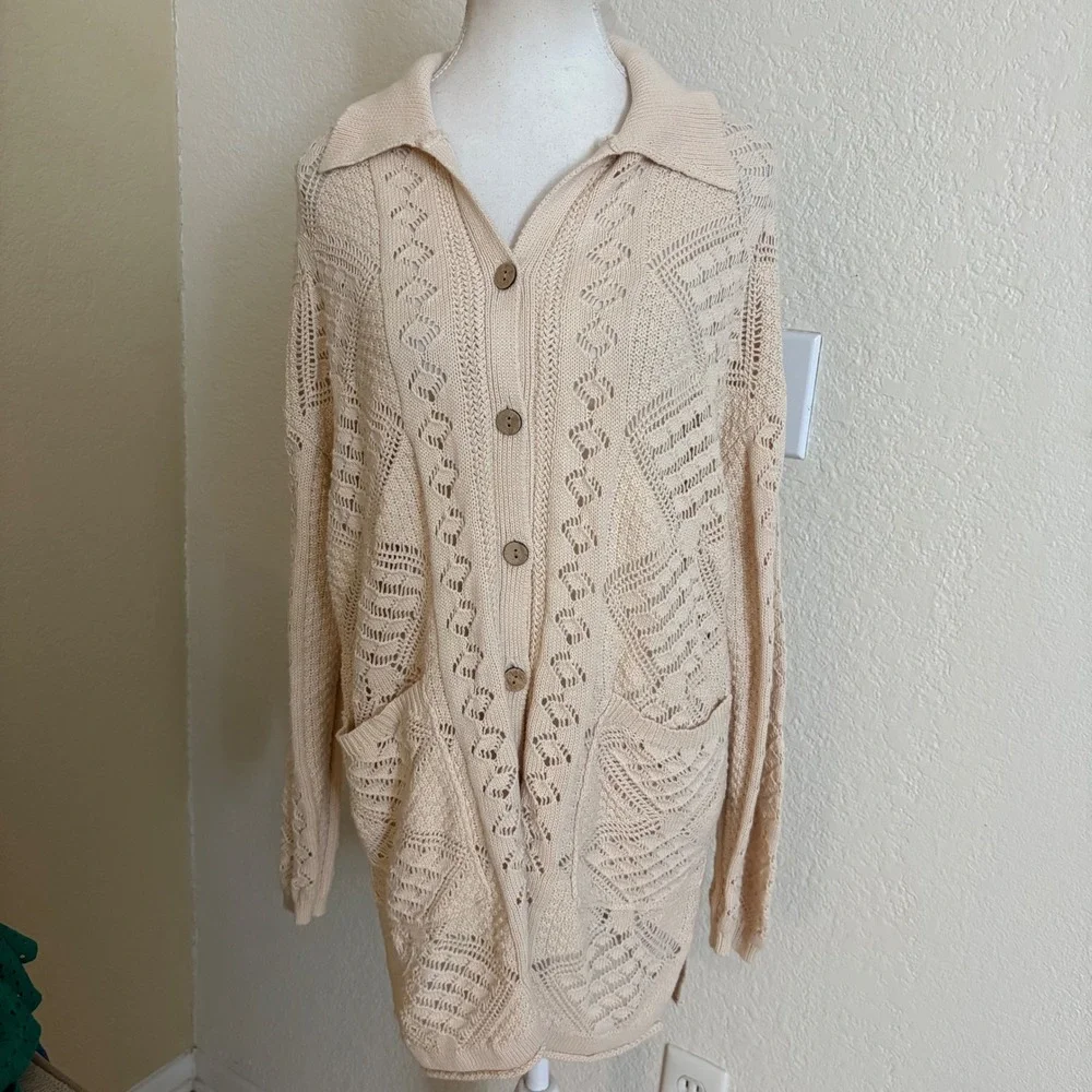 FREE PEOPLE BEACH Get Away Faux Crochet Cardigan Tan Size Medium‎ NWT
